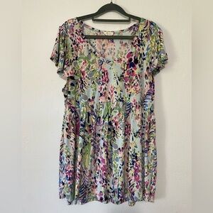 Be Stage women's 1X v neck ruffle sleeve babydoll watercolor floral blouse EUC